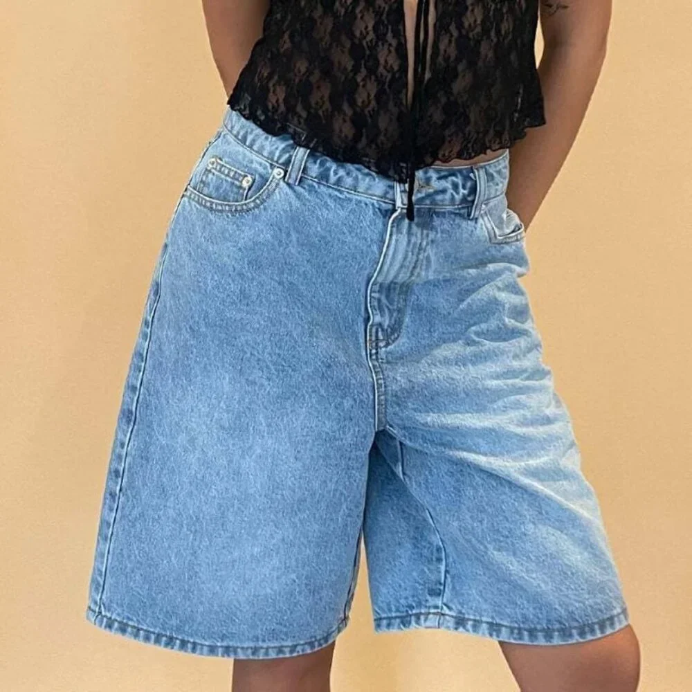 Women Wide Leg Baggy Denim Shorts Summer Vintage High-Rise Loose Fit Bermuda